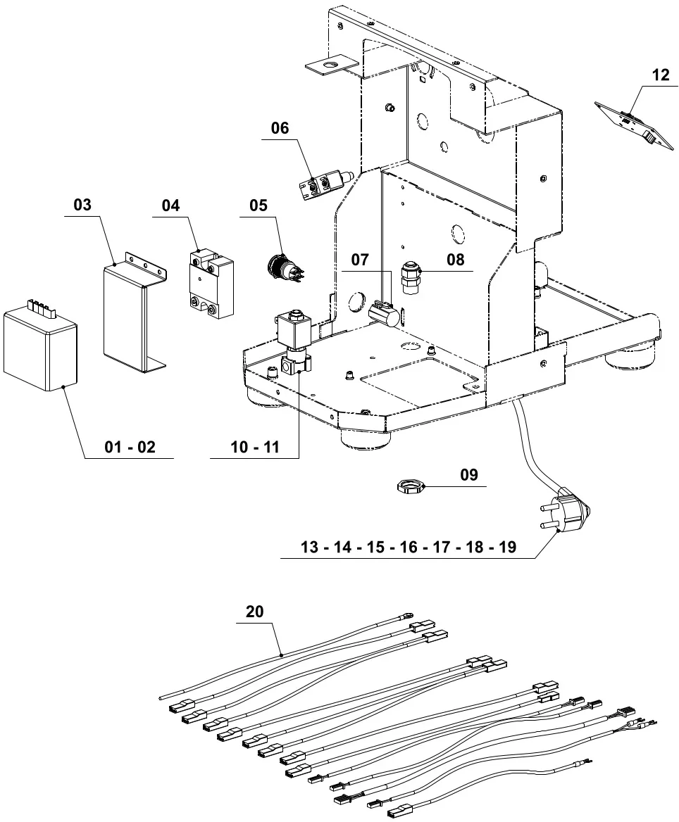 Exploded diagram showing labeled components and wiring for an electronic device, including a metal chassis, power supply, switches, connectors, circuit boards, plug, and multiple cables, with each part numbered for assembly reference. © 2025 1st-line.com