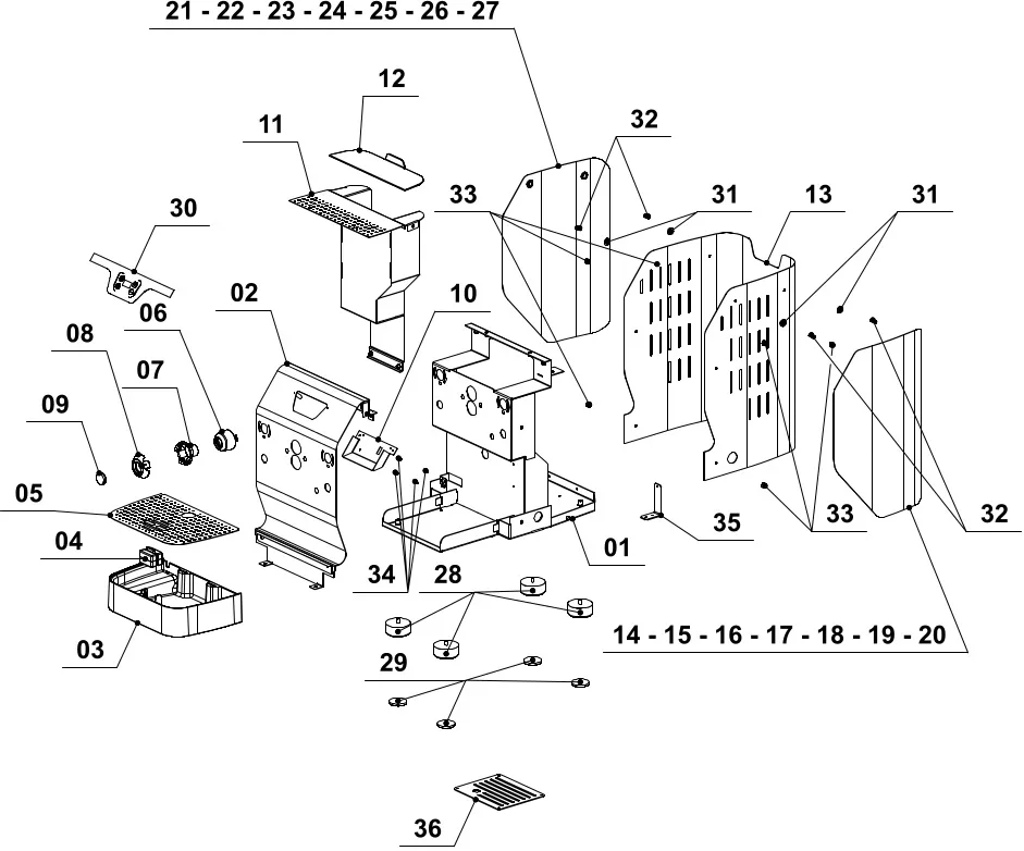 Exploded diagram showing numbered parts of a metal assembly, including panels, screws, a grill, and various brackets, arranged with lines indicating how they fit together. © 2025 1st-line.com