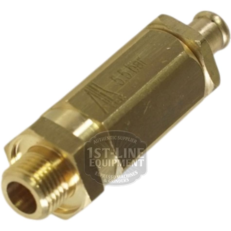 Lelit 9700043 Safety Valve – 5.5 Bar 1/8G, brass with threaded and barbed ends, plus engraved markings and manufacturer details, shown on a white background. © 2025 1st-line.com