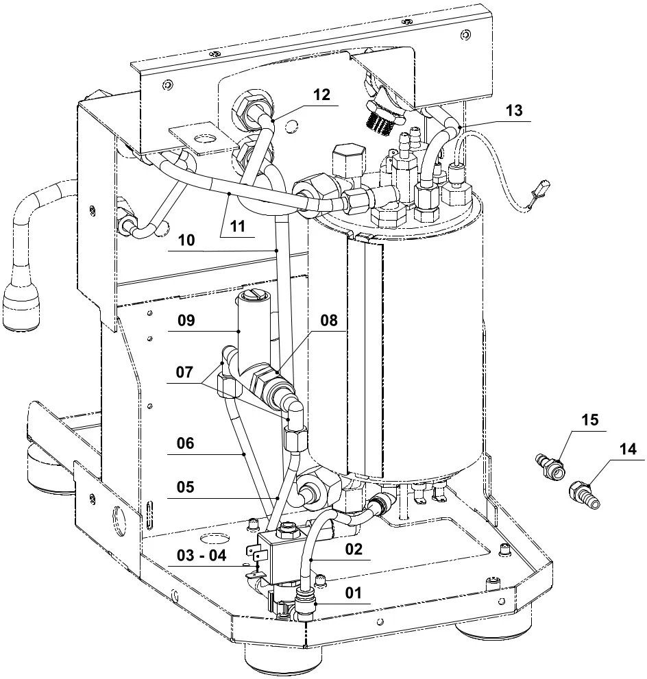 Line drawing of a mechanical device with labeled parts, including a large vertical cylinder, multiple pipes, wires, fittings, and connectors, with parts 14 and 15 shown separately on the right side. © 2025 1st-line.com