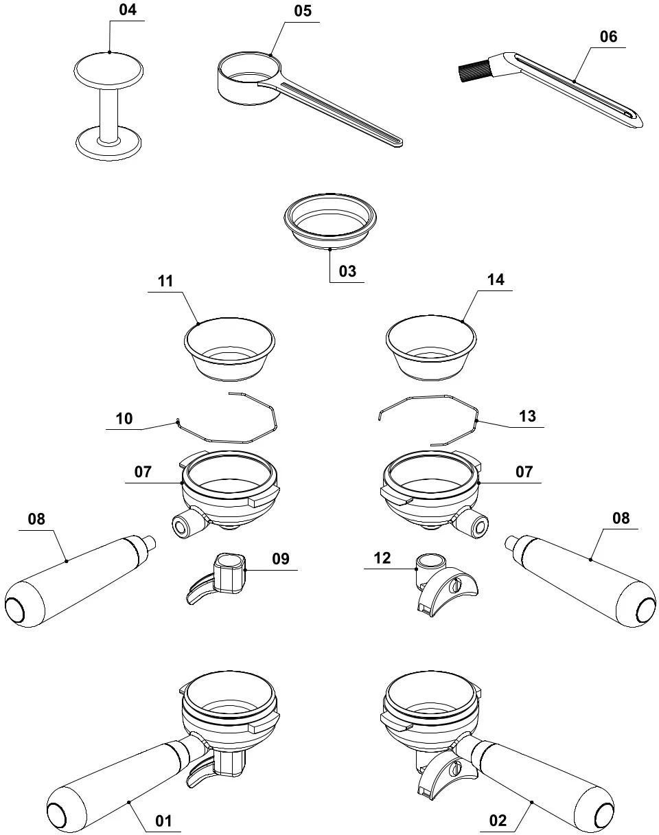 Line drawing of disassembled espresso portafilters, including handles, baskets, spouts, springs, and other components, each labeled with numbers for identification. Objects are arranged in a clear, organized layout. © 2025 1st-line.com