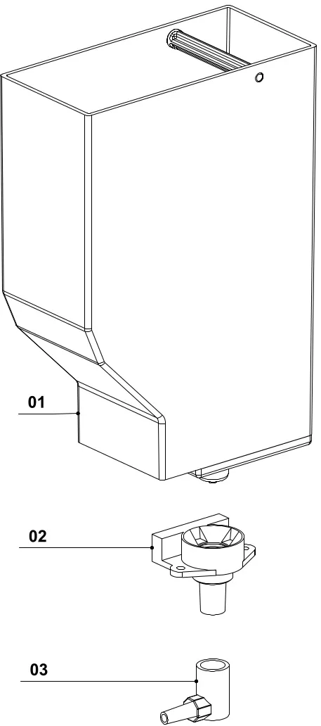 Line drawing of three labeled components: a rectangular water tank (01), a small round valve or float mechanism (02), and a right-angle pipe connector (03), all shown disassembled and aligned vertically. © 2025 1st-line.com