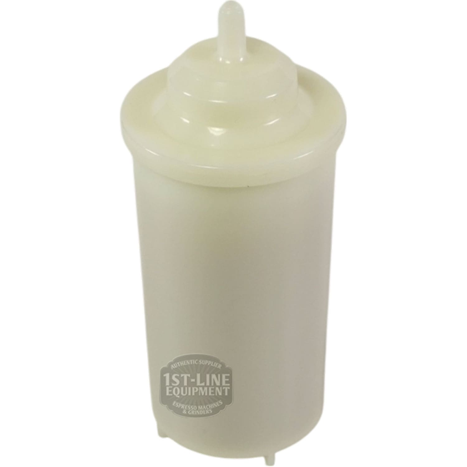The Elektra 05637035 Water Softener is a white cylindrical plastic cartridge with a small top nozzle, featuring 1st-Line Equipment on the lower part—ideal for maintaining Elektra espresso machines. © 2025 1st-line.com