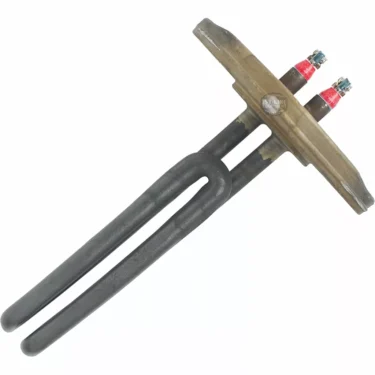 The Elektra 06520035 120V Heating Element features two black U-shaped metal rods, a flat mounting plate, and dual electrical terminals with red and blue markings—ideal for water heaters. © 2025 1st-line.com