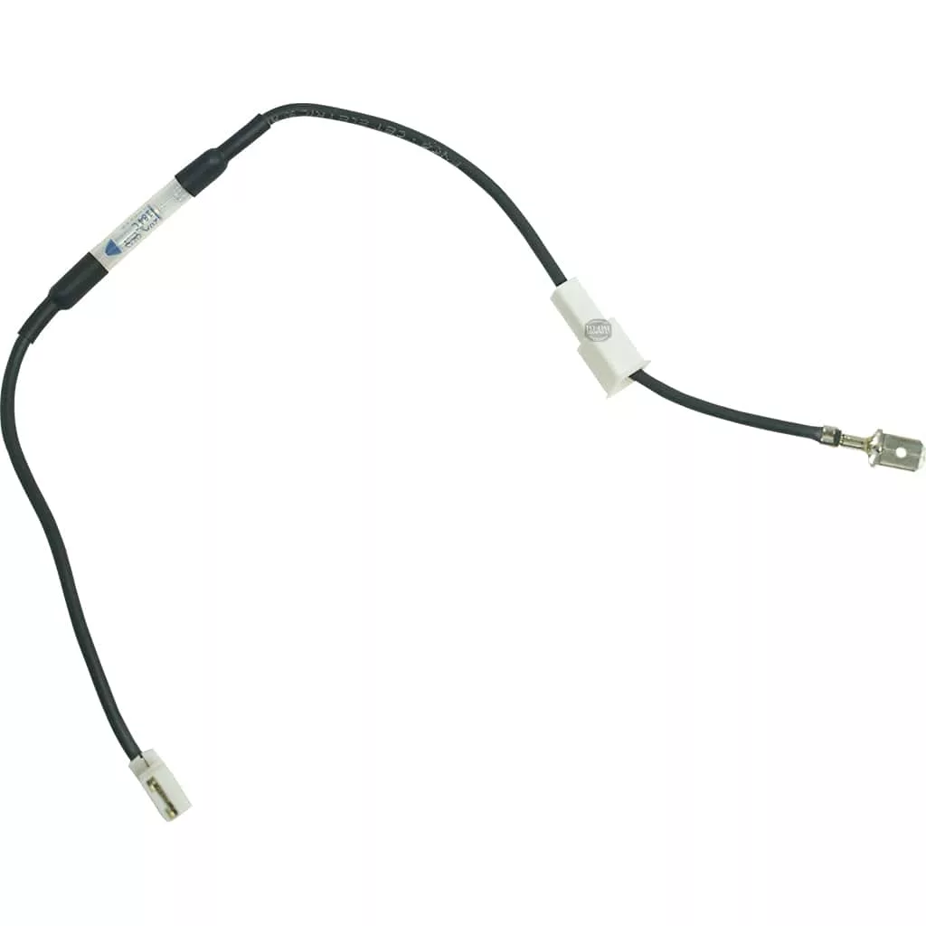 The Elektra 06573035 Thermical Fuse is a black electrical cable with white connectors and metal terminals at each end for easy attachment to devices, shown slightly curved against a white background. © 2025 1st-line.com