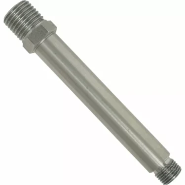 The Elektra 06587014 Boiler Pipe Fitting is a metal pipe nipple with threaded ends and a hexagonal center, ideal for plumbing or industrial use, shown isolated on a white background. © 2025 1st-line.com