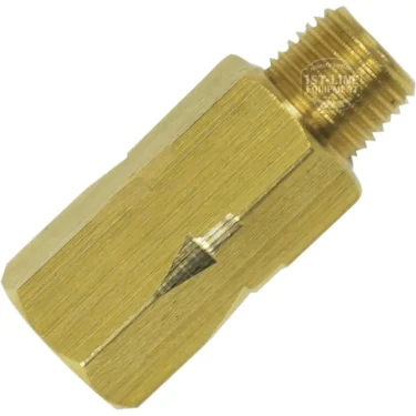 The La Nuova Era NE059014 One Way Valve is a brass fitting with a hexagonal body and male threads, used for connecting or adapting pipes or tubes in plumbing or gas systems. © 2025 1st-line.com