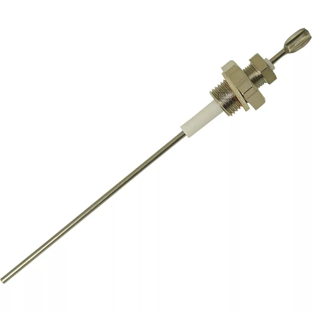 The La Nuova Era NE318 Boiler Probe is a metal temperature sensor with a long, slim rod and threaded hex nut fittings for secure insertion and mounting in compatible equipment. © 2025 1st-line.com