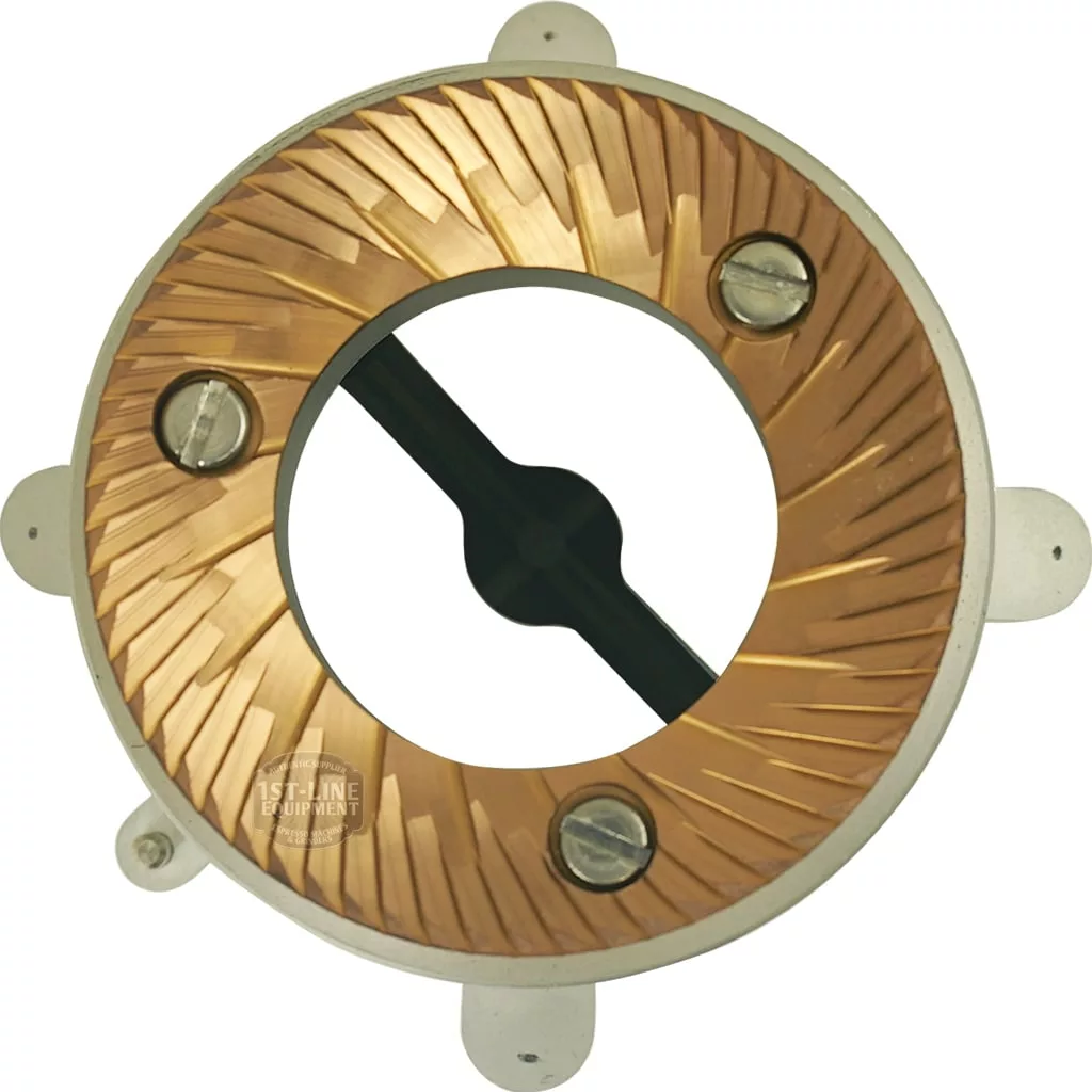 Top-down view of a DISCONTINUED Fiorenzato All Ground Espresso Coffee Grinder burr featuring angled copper grinding ridges, three screws, a central black axis, and a silver metal frame with four protruding tabs. © 2025 1st-line.com