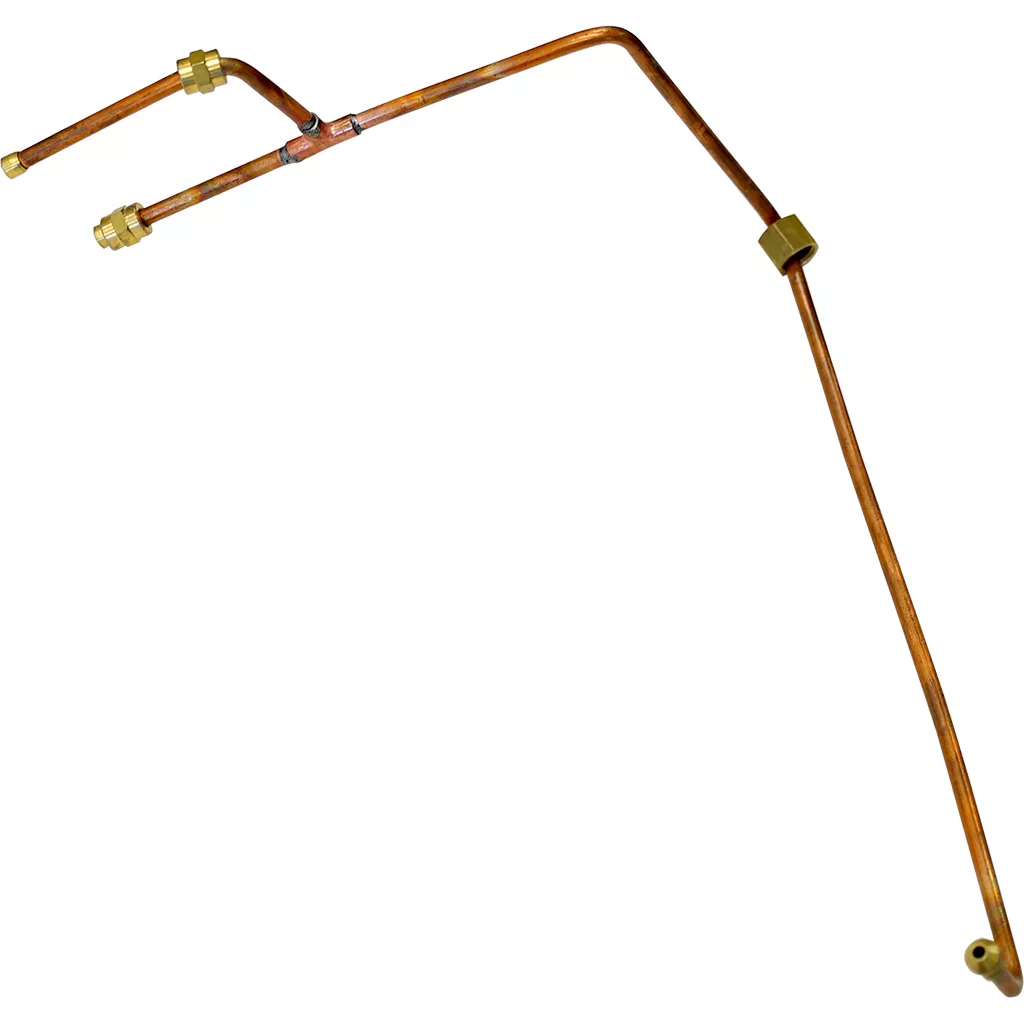 04635011 Pipe for Elektra KUP: copper tubing with three brass fittings, featuring a Y-branch that splits into two tubes. Displayed on a white background. Compatible with Elektra KUP machines. © 2025 1st-line.com