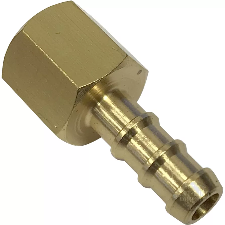 A close-up of a brass hose barb fitting with a hex nut and ribbed barb, designed for connecting flexible tubing to threaded pipes or the Elektra 06339014 Rubber Pipe Connector. © 2025 1st-line.com