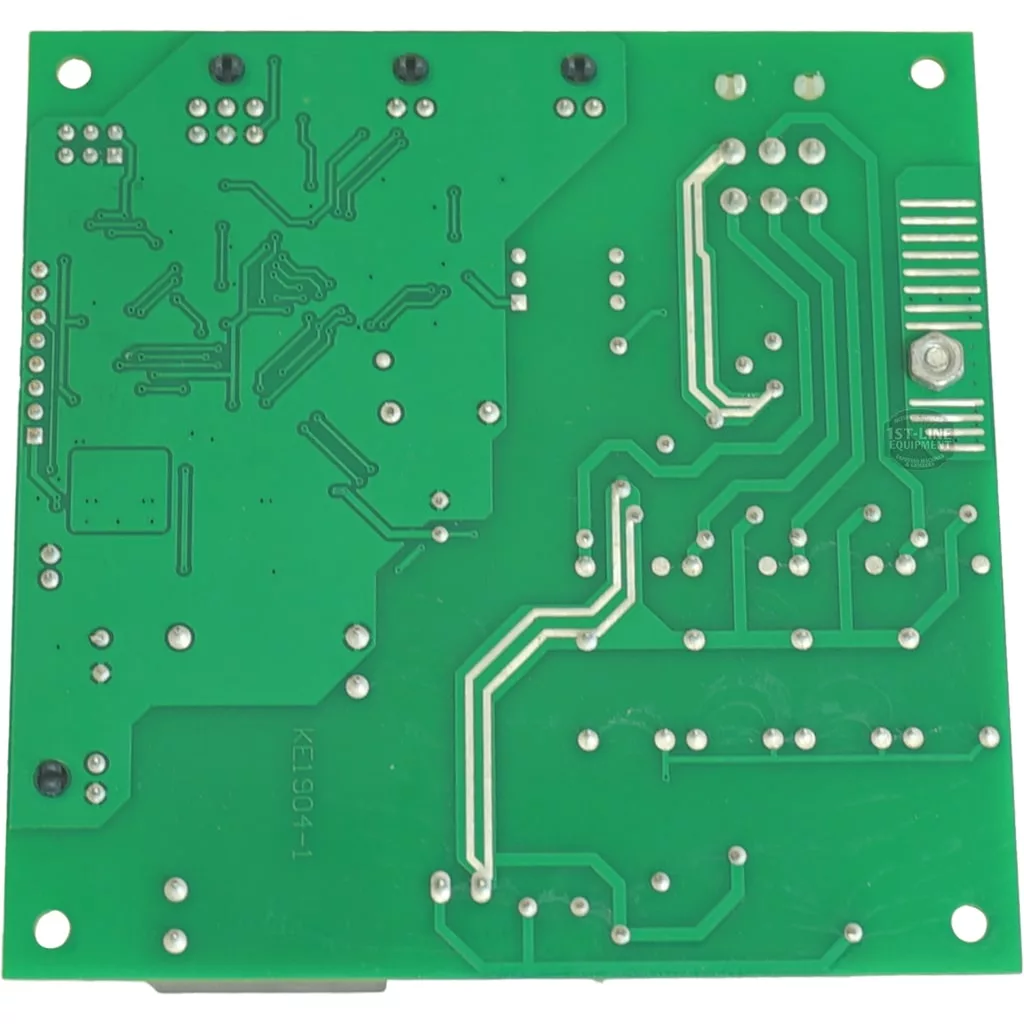 An Elektra 06581035 Verve Electronic Card Brain Unit—a green PCB with silver solder points, tracing paths, and electronic connectors—viewed from above on a white background. © 2025 1st-line.com