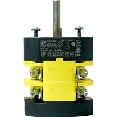 Close-up of the Bezzera 7633336 2 Position Switch with a metal shaft, black and yellow casing, visible screws, and technical specs on the front; built for reliable industrial use. © 2025 1st-line.com