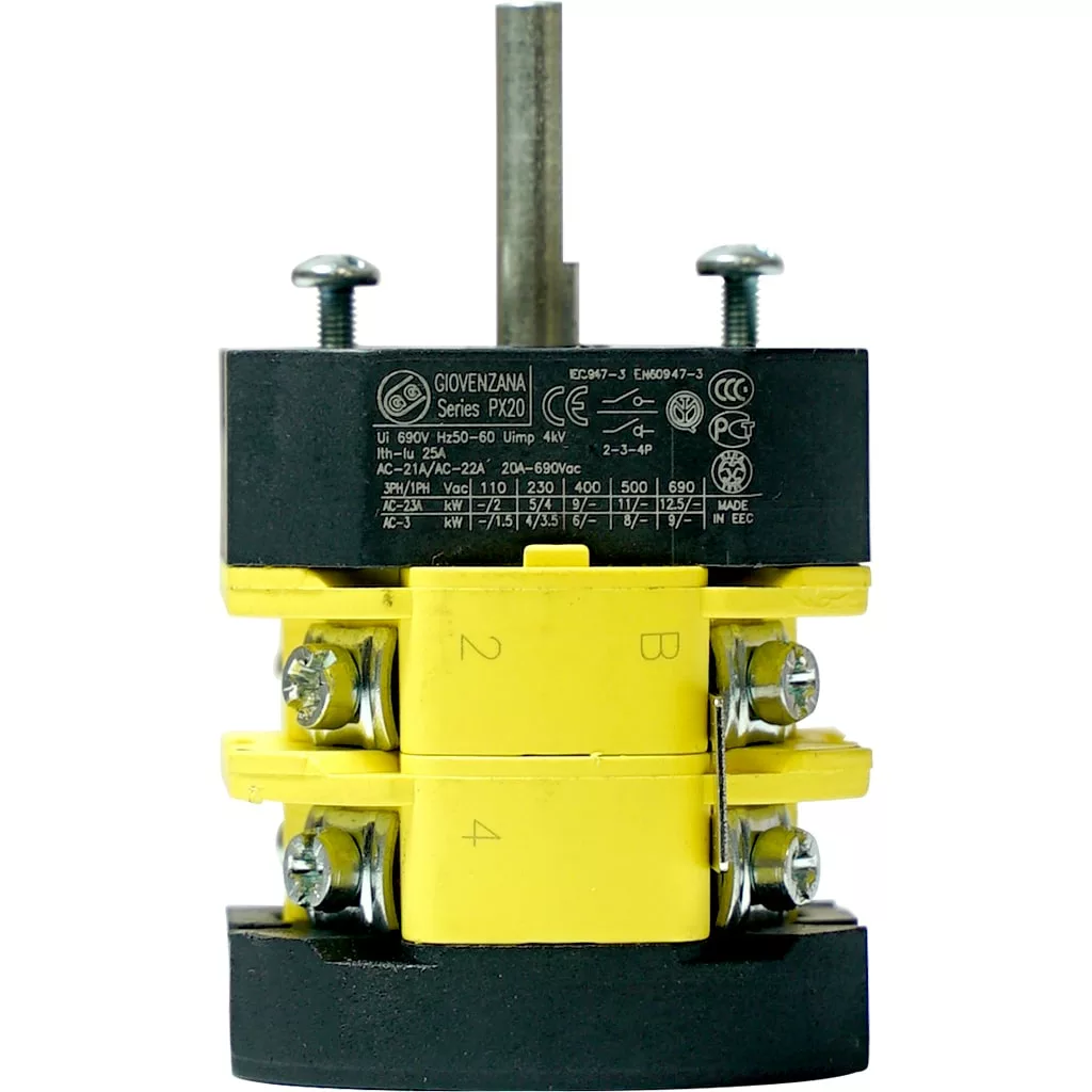 Close-up of the Bezzera 7633336 2 Position Switch with a metal shaft, black and yellow casing, visible screws, and technical specs on the front; built for reliable industrial use. © 2025 1st-line.com