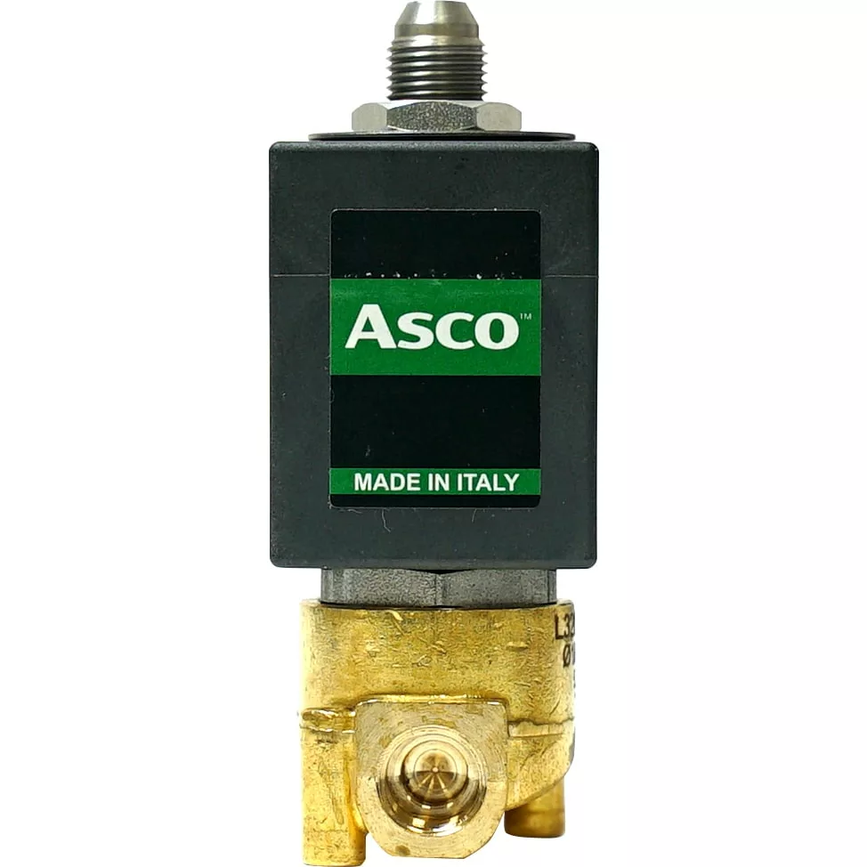 Front view of the Bezzera 7702416R 3-Way Solenoid Valve with a black and green ASCO label marked MADE IN ITALY, featuring brass and metal components. © 2025 1st-line.com