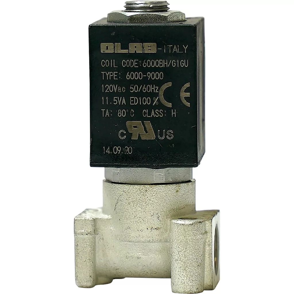 The Bezzera 7701123.01 2-Way Solenoid Valve features a metal body with threaded ports and a black rectangular “QLAB ITALY” coil displaying voltage, frequency, and certification marks. © 2025 1st-line.com