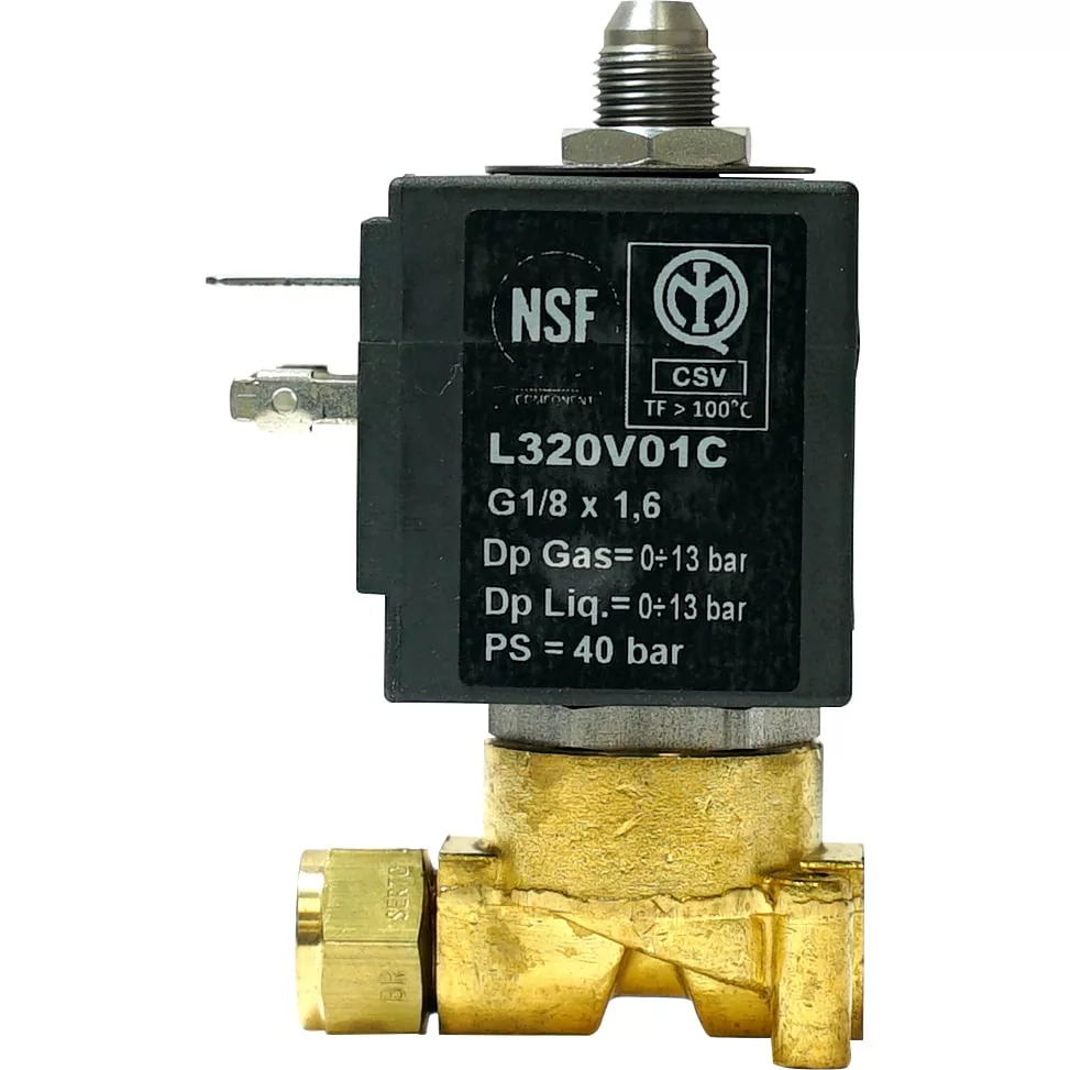 The Bezzera 7702416R 3-Way Solenoid Valve features a black rectangular L320V01C coil, metal fittings on the top and side, and pressure specs for gas and liquid—perfect as a replacement part for espresso machines. © 2025 1st-line.com