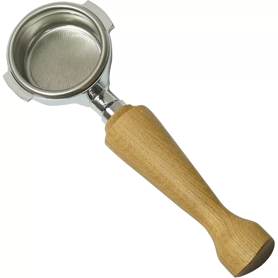 The Elektra 06387039 58mm Wood Handle Bottomless Portafilter, featuring a fine mesh basket, is shown angled on a white background. © 2025 1st-line.com