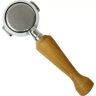 The Elektra 06387039 58mm Wood Handle Bottomless Portafilter, featuring a mesh filter basket and light brown wooden handle, is shown on a white background. © 2025 1st-line.com