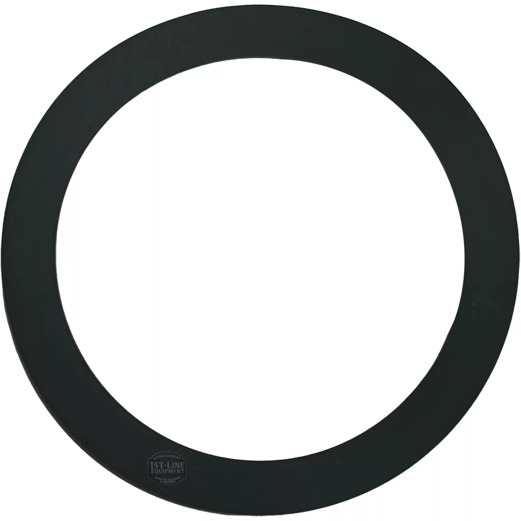 A black, flat Faema 1mm RUBBER PORTAFILTER GASKET SHIM (73.5x59x1mm) with a smooth surface and open circular center is shown against a white background—ideal for use with Faema espresso machines. © 2025 1st-line.com
