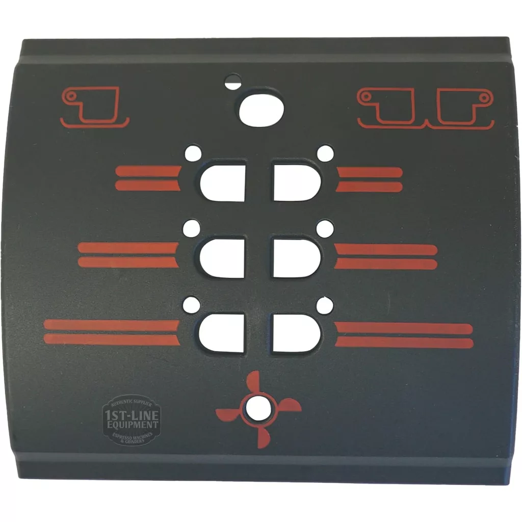 A black San Marco PUSH BUTTONS SUPPORT panel with red symbols (three cup icons, three lines, a fan symbol, and holes). Features the 1st-Line Equipment logo at bottom left. Designed for San Marco machines with built-in push buttons. © 2025 1st-line.com