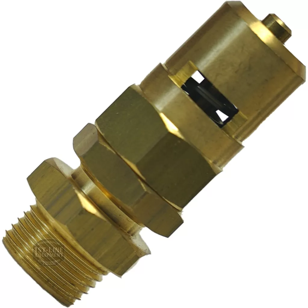 A close-up of a BOILER SAFETY VALVE 3/8 featuring threaded ends, hexagonal nuts, and a visible internal spring. © 2025 1st-line.com