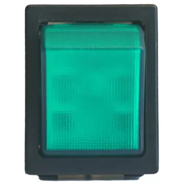 A close-up of an LB..23 GREEN 4 FAXTON SWITCH—a square, green illuminated push button with a black frame, often used in control panels or electronic devices. © 2025 1st-line.com