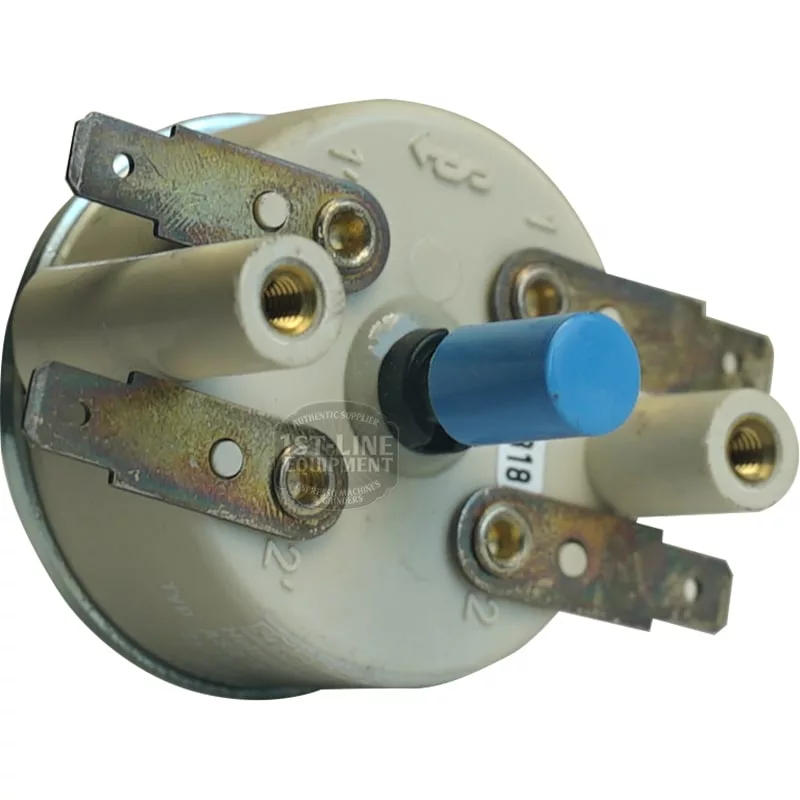 A close-up of the Faema HEATING ELEMENT PROTECTION, a round electrical component with a blue cylindrical knob and multiple metal terminals on a white plastic base, designed for wiring connections in Faema machines. © 2025 1st-line.com