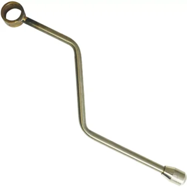 A metal tire iron with a bent handle, featuring a loop and a socket end, offers durability comparable to the GI.371 MODERN STAINLESS STEEL STEAM PIPE; its used for removing or tightening vehicle wheel lug nuts. © 2025 1st-line.com