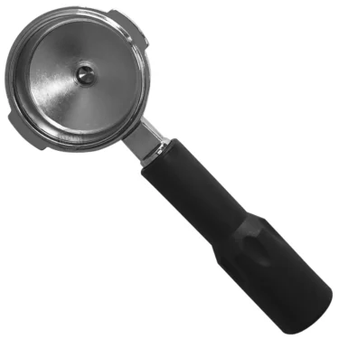 A Rancilio 2 CUP FILTERHOLDER espresso portafilter with a black handle, seen from above on a white background. © 2025 1st-line.com