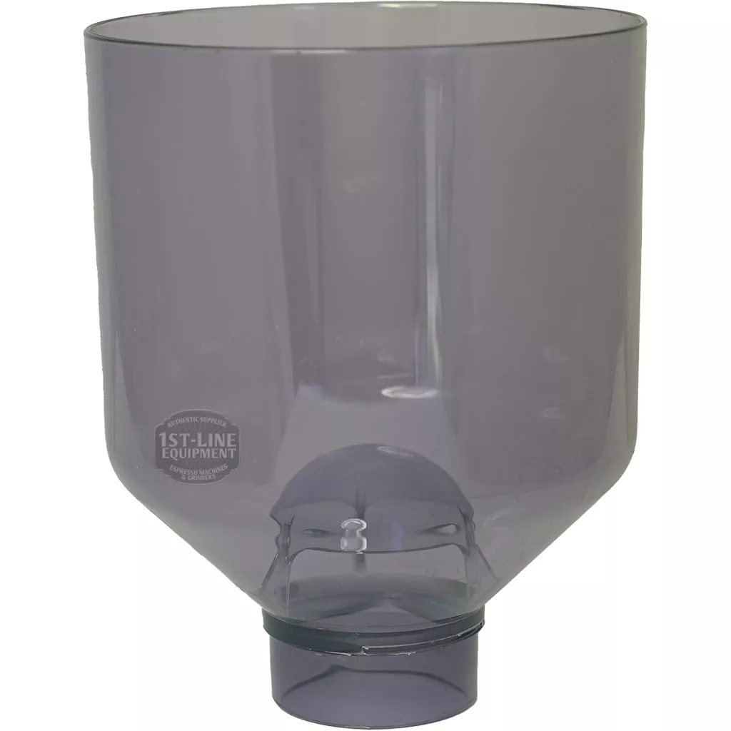 A San Marco MS...1 GRINDER HOPPER made of transparent gray plastic, featuring a wide top opening, narrow base, and small circular lid at the bottom, shown against a white background. Perfect accessory for the MS...1 coffee grinder. © 2025 1st-line.com