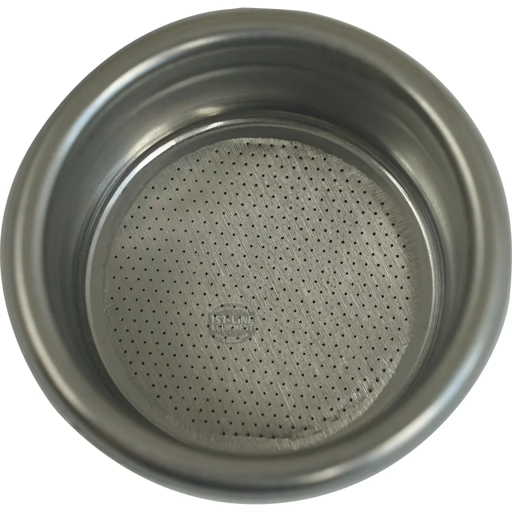 A top view of the Iberital EXPRESSION 2 COFFEES FILTER 14 GRAMS shows its round shape and fine bottom perforations, designed for use in espresso machines with a 14-gram coffee capacity. © 2025 1st-line.com