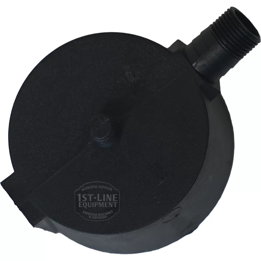 Black plastic pump with a round body and threaded pipe connector, shown from above on a white background—perfect for use with the WEGA MODERN DRAIN TRAY. The 1st-line Equipment logo is subtly marked on its surface. © 2025 1st-line.com