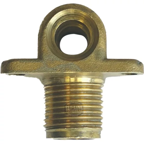 Brass pipe fitting with threaded male end and two mounting flanges, designed as a replacement for the Futurmat UPPER LEVEL BODY—ideal for secure attachment in plumbing, industrial use, or Futurmat maintenance. © 2025 1st-line.com