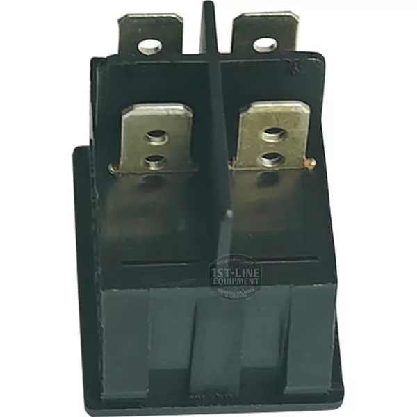 Close-up of a black plastic Futurmat 250V 16A ORANGE BIPOLAR SWITCH with four metal prongs and a central divider, commonly used for electrical applications. The background is plain white. © 2025 1st-line.com