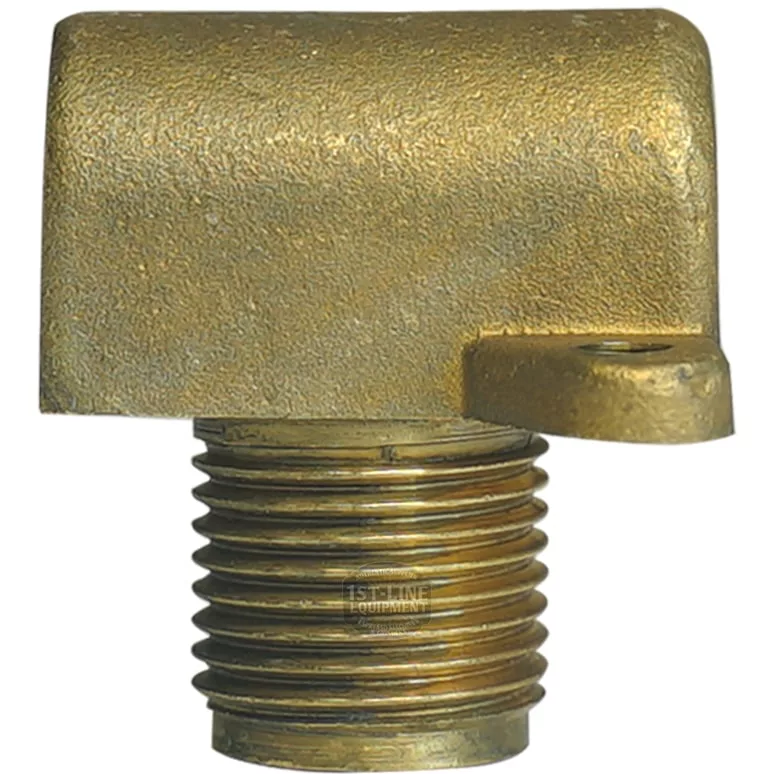 Close-up of a brass 90-degree elbow pipe fitting with a threaded male end and solid block top, ideal for use with the Futurmat UPPER LEVEL BODY in plumbing or industrial applications. © 2025 1st-line.com