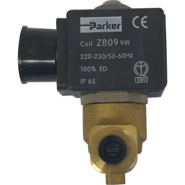 Close-up of a F.1289 1/8X1/8 9W 230V PARKER SOLENOID valve, featuring a black top, brass base, IP65 rating, and specs: 230V, 50-60Hz, 9W, 100% ED. © 2025 1st-line.com