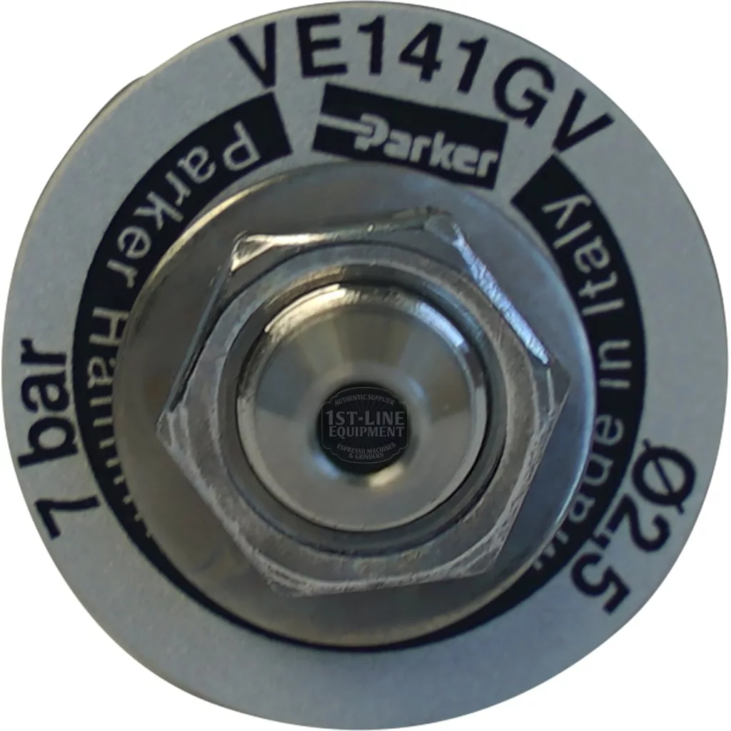 Close-up of a PARKER VE141GV 1/4X1/4 3way solenoid without coil, featuring a metallic hex nut and circular label partially showing “7 bar,” “ø25,” and “Parker Hannifin” text on the metal surface. © 2025 1st-line.com