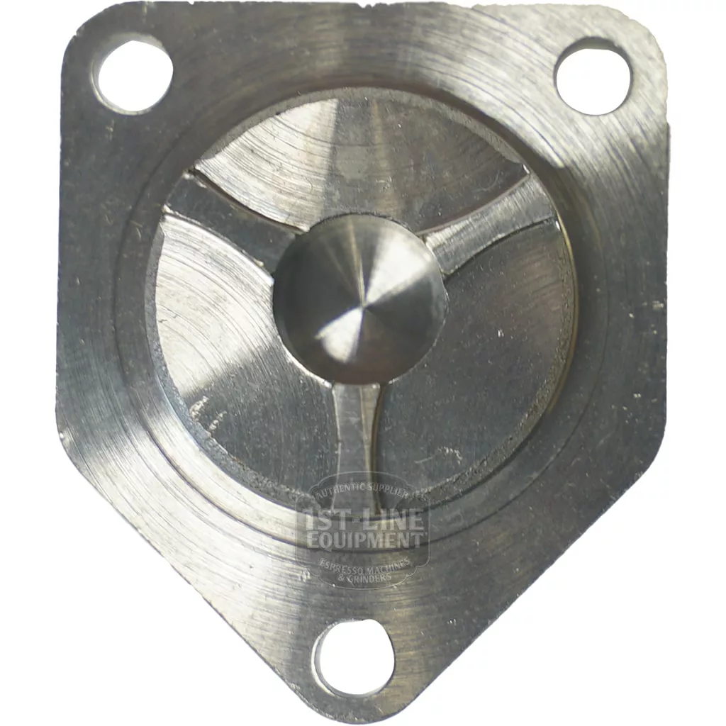 Close-up of the Gicar 9.0.16.50G 3 Connection Cover for Volumetric Flowmeter, a metallic circular part with three bolt holes and a central dome, featuring machining marks and a precise, symmetrical design. © 2025 1st-line.com