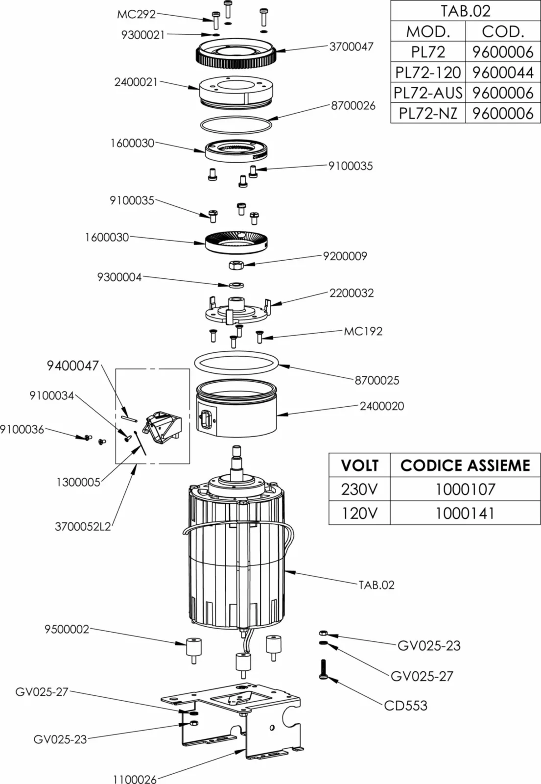 Exploded technical Parts Diagram of a motor assembly for the Lelit PL72-P William, showing labeled parts such as rotor, stator, casing, screws, and mounting brackets, with part numbers and codes listed on the right side. © 2025 1st-line.com