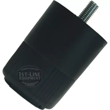 The F.2367 80/100mm M-10 ADJUSTABLE FOOT is a cylindrical black rubber foot with a threaded metal stem, textured grip, and the 1st-Line Equipment logo, designed as a replacement for espresso machines. © 2025 1st-line.com