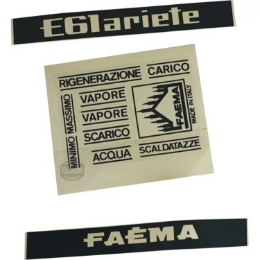 The F..603 STICKER KIT FAEMA includes a sheet of black and white labels with Italian text—E61 ariete, FAEMA, VAPORE, ACQUA, SCALDATAZZE—all arranged around a central FAEMA logo. © 2025 1st-line.com