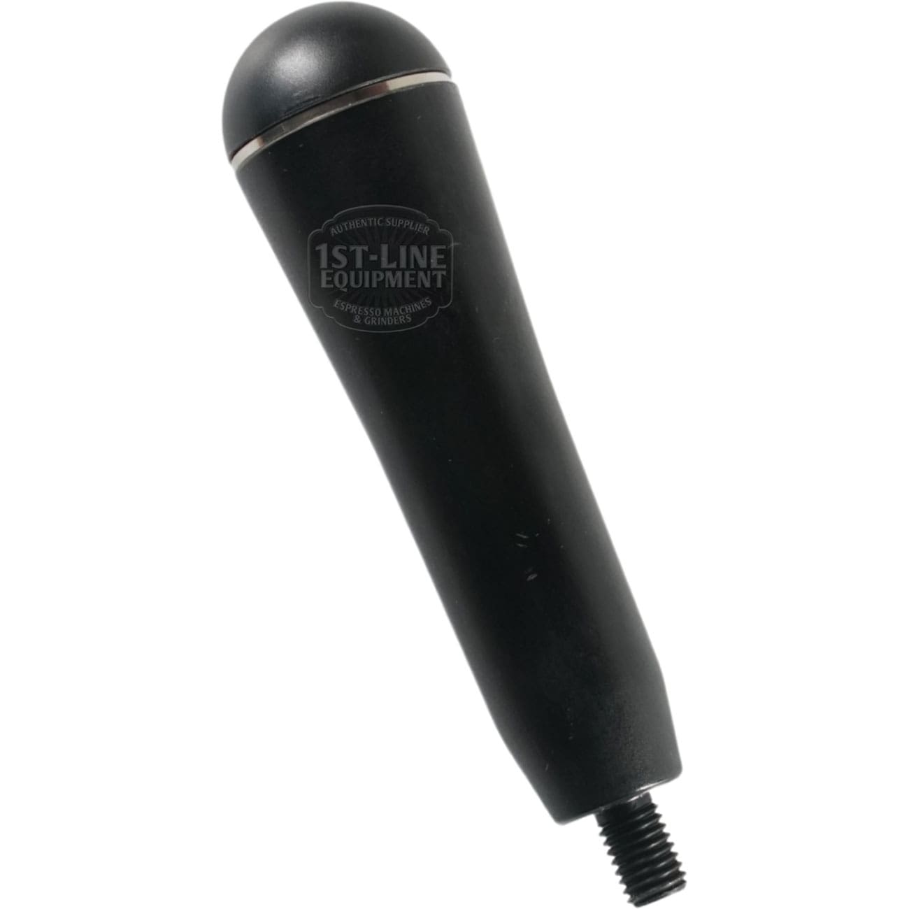 The Faema E-91 HOLDER HANDLE is a black, cylindrical espresso machine handle with a rounded top and threaded metal end, featuring the 1st-Line Equipment logo in white—compatible with Faema E-91 models. © 2025 1st-line.com