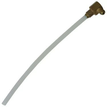 The Faema E-91 INLET PIPE is a white, flexible pipe with a brass right-angle fitting, designed for plumbing or fluid transfer in espresso machines. © 2025 1st-line.com