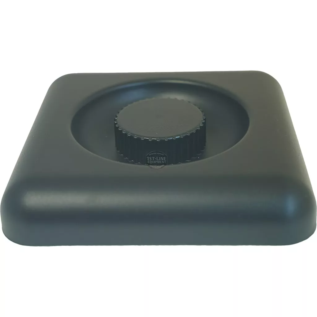 The Faema GRINDER HOPPER LID is a square black plastic lid with rounded edges and a raised, ridged circular knob at the center, designed for Faema grinders. The object has a smooth finish and sits against a plain white background. © 2025 1st-line.com