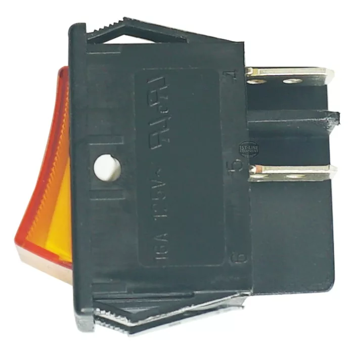 The Futurmat 250V 16A ORANGE BIPOLAR SWITCH is a black rectangular switch with a red-orange translucent end and metal prongs, viewed from the side; its commonly used in Futurmat equipment. © 2025 1st-line.com