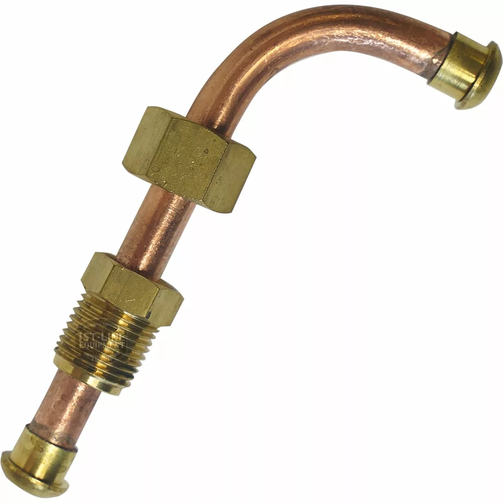 The Futurmat E-61 BOILER TO GROUP PIPE is a curved copper pipe with brass fittings and threaded ends, designed for plumbing or refrigeration use in espresso machines. © 2025 1st-line.com