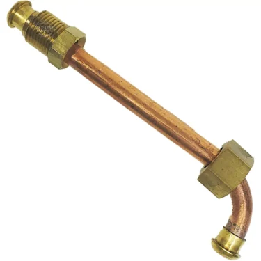The Futurmat INLET GROUP PIPE, a copper pipe with brass fittings and a curved end for plumbing or gas use, is shown isolated on a white background. © 2025 1st-line.com