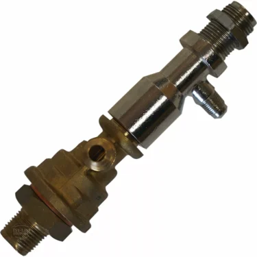 The Futurmat Non-Return Expansion Valve is a metal automotive fuel pressure regulator with threaded connectors on both ends and a brass adjustment screw on the side, shown isolated on a white background. © 2025 1st-line.com