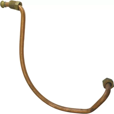 The Futurmat RIGHT RETURN PIPE is a curved copper pipe with metal fittings on both ends, designed for plumbing or as a replacement part in refrigeration connections, shown isolated on a white background. © 2025 1st-line.com